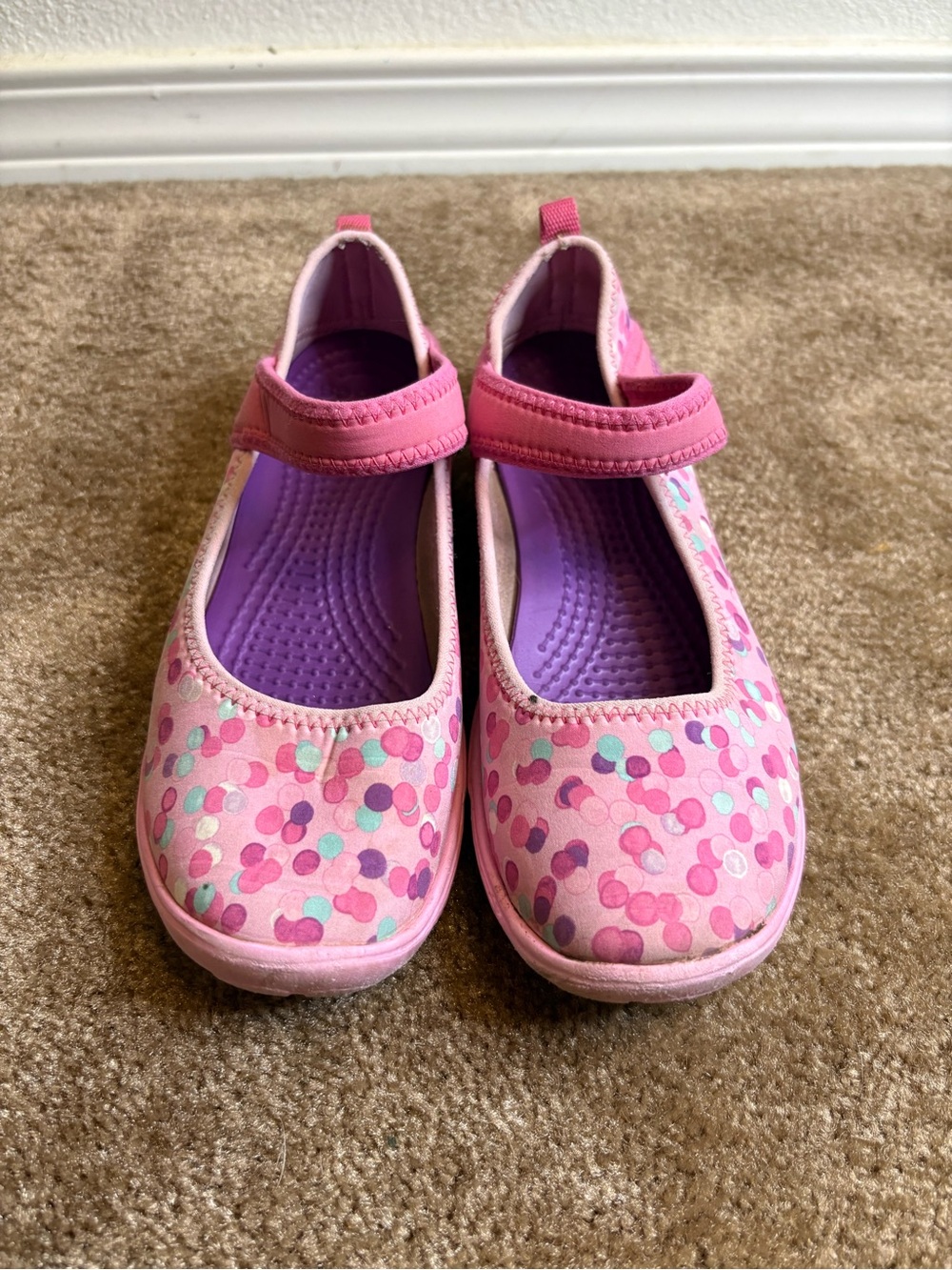 CROCS Pink Mary Jane Sandals with Purple Insole and Confetti Dots